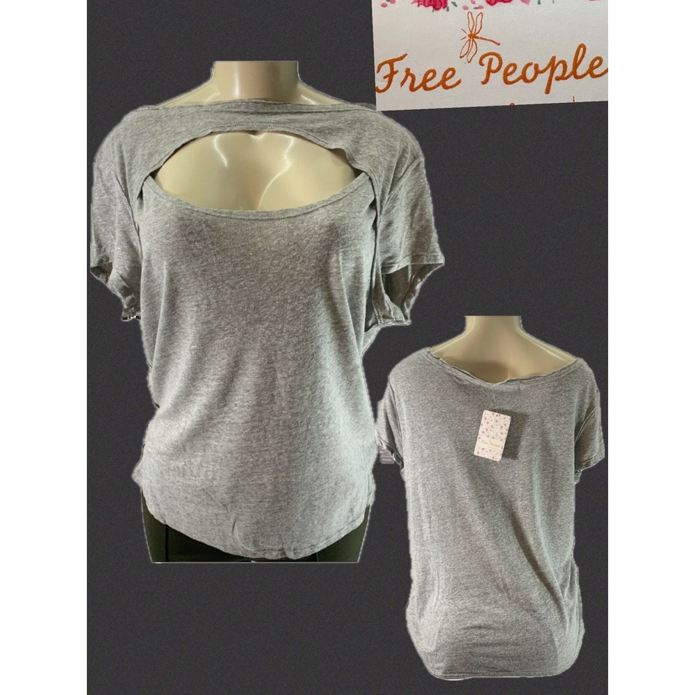 Free People We The Free Heather Gray Cut-Out Scoop Neckline Tee Short Sleeve S